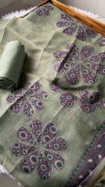 Load image into Gallery viewer, Purely Woven Sage Green Muga Cotton Unstitched Suit Set
