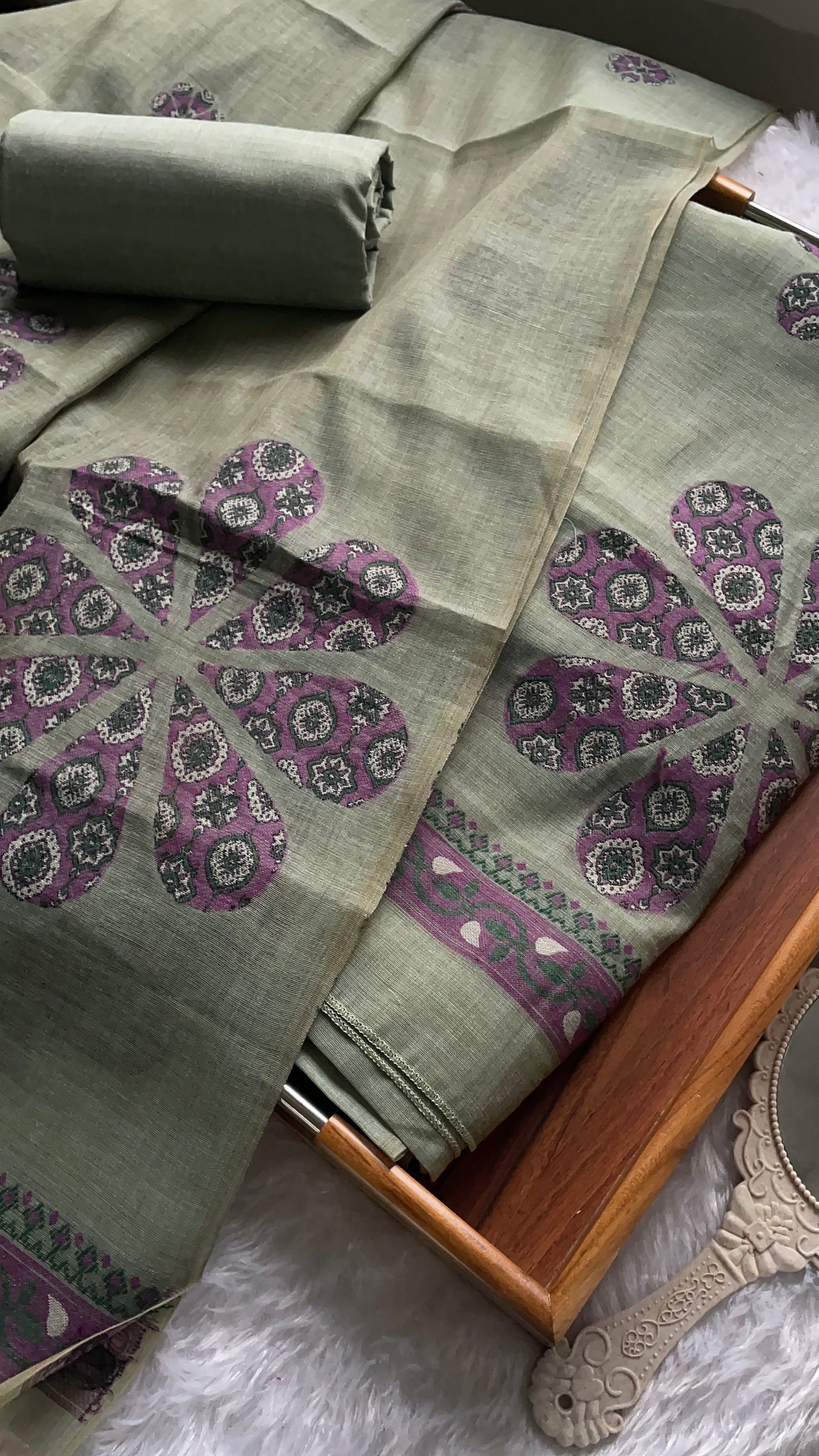 Purely Woven Sage Green Muga Cotton Unstitched Suit Set