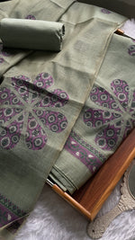 Load image into Gallery viewer, Purely Woven Sage Green Muga Cotton Unstitched Suit Set
