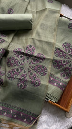 Load image into Gallery viewer, Purely Woven Sage Green Muga Cotton Unstitched Suit Set
