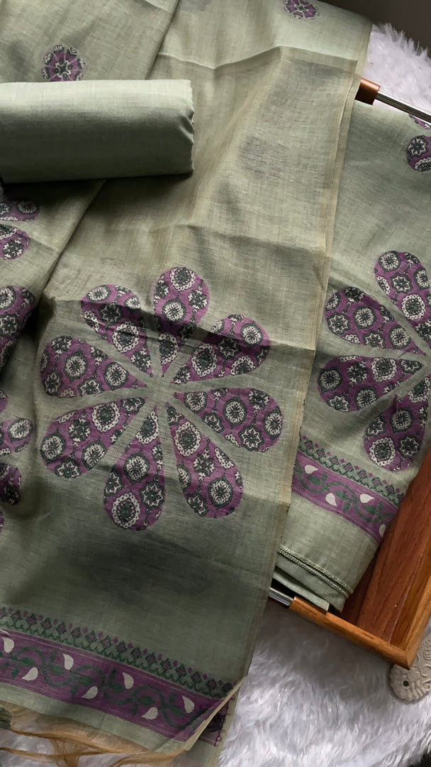 Purely Woven Sage Green Muga Cotton Unstitched Suit Set