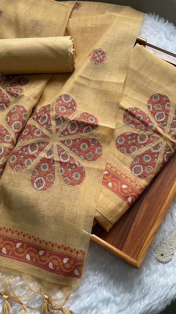 Purely Woven Mustard Muga Cotton Unstitched Suit Set
