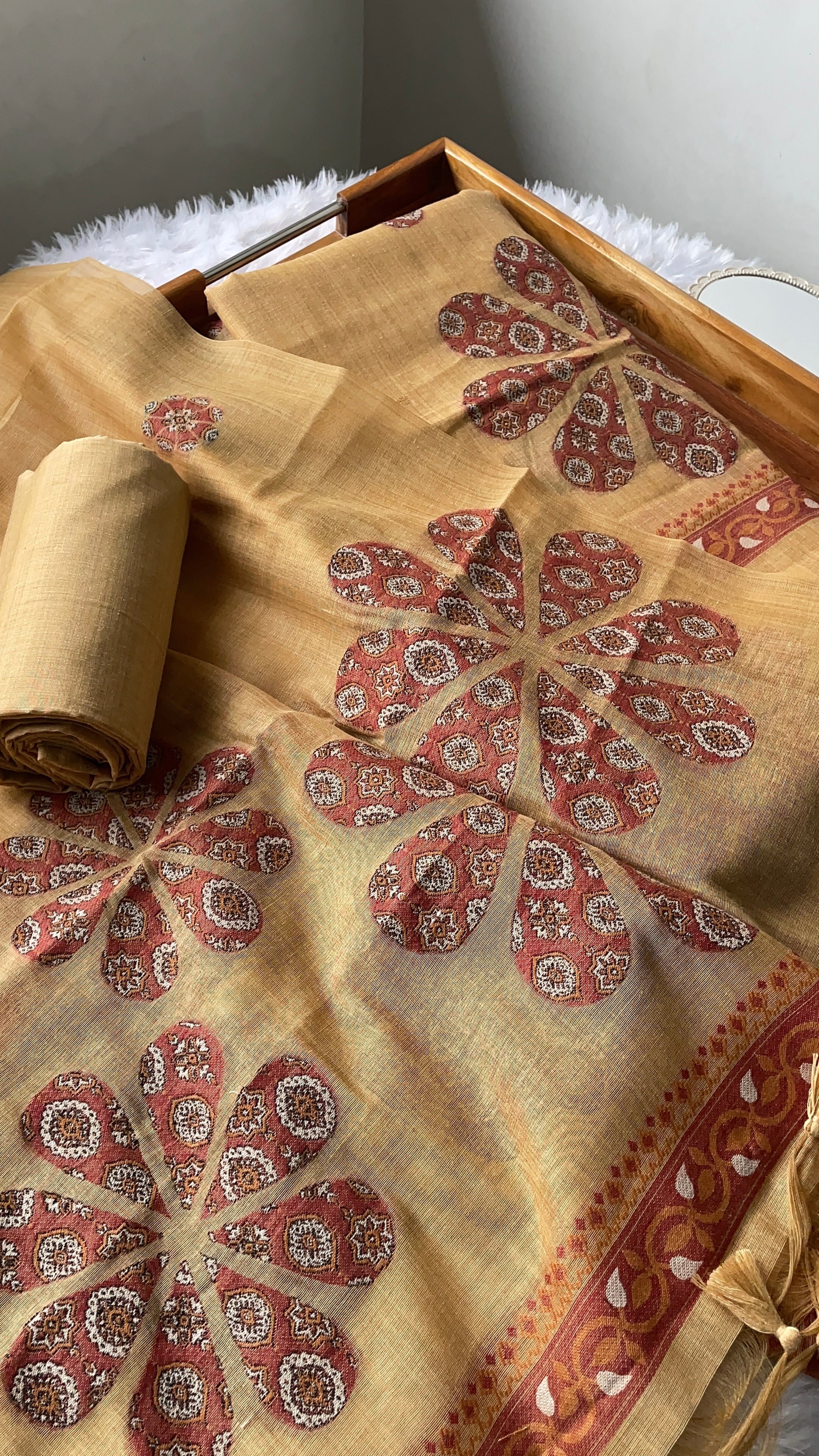 Purely Woven Mustard Muga Cotton Unstitched Suit Set