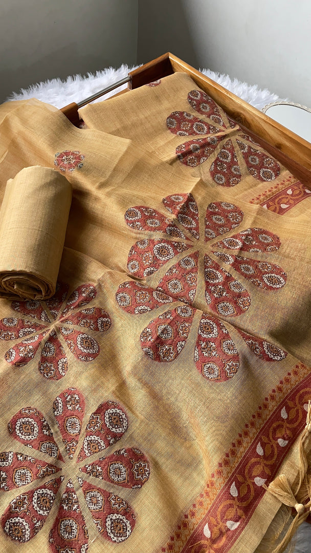 Purely Woven Mustard Muga Cotton Unstitched Suit Set