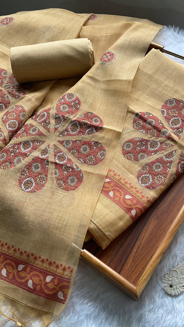 Purely Woven Mustard Muga Cotton Unstitched Suit Set