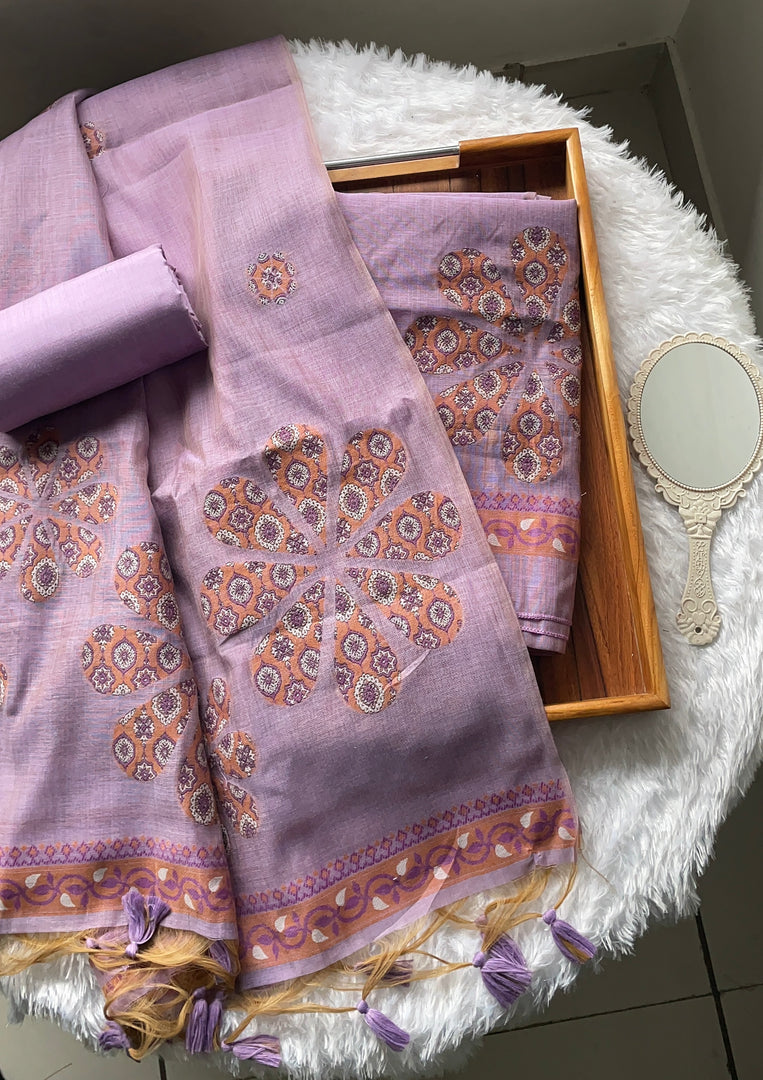 Purely Woven Lavender Muga Cotton Unstitched Suit Set