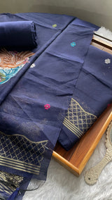 Minimal & Classy Navy Muga Cotton Unstitched Suit Set