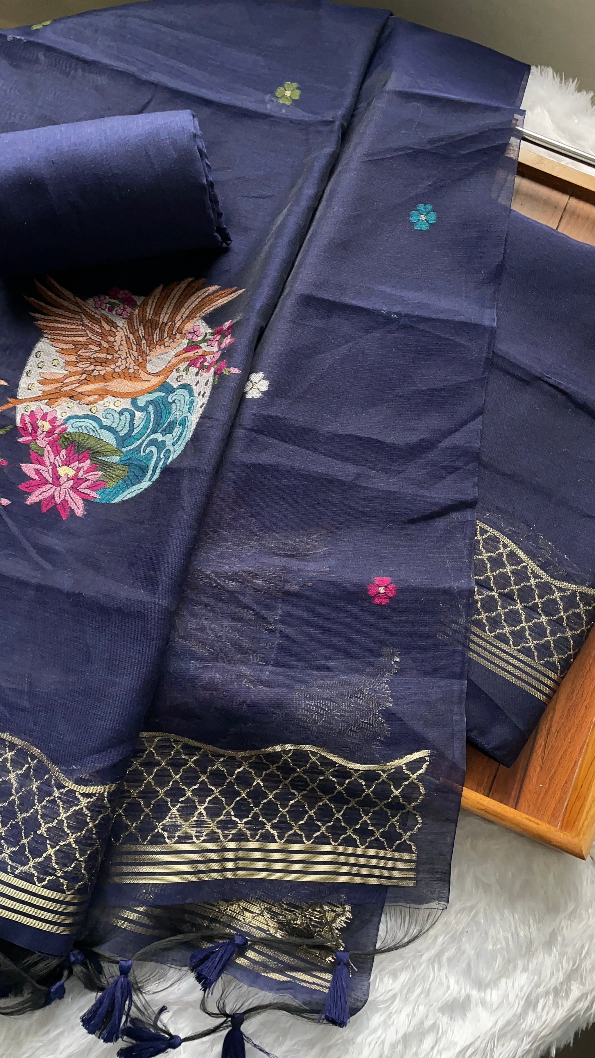 Minimal & Classy Navy Muga Cotton Unstitched Suit Set
