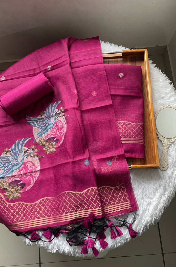 Minimal & Classy Rani Pink Muga Cotton Unstitched Suit Set