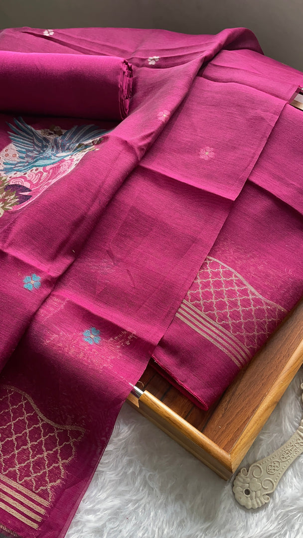 Minimal & Classy Rani Pink Muga Cotton Unstitched Suit Set