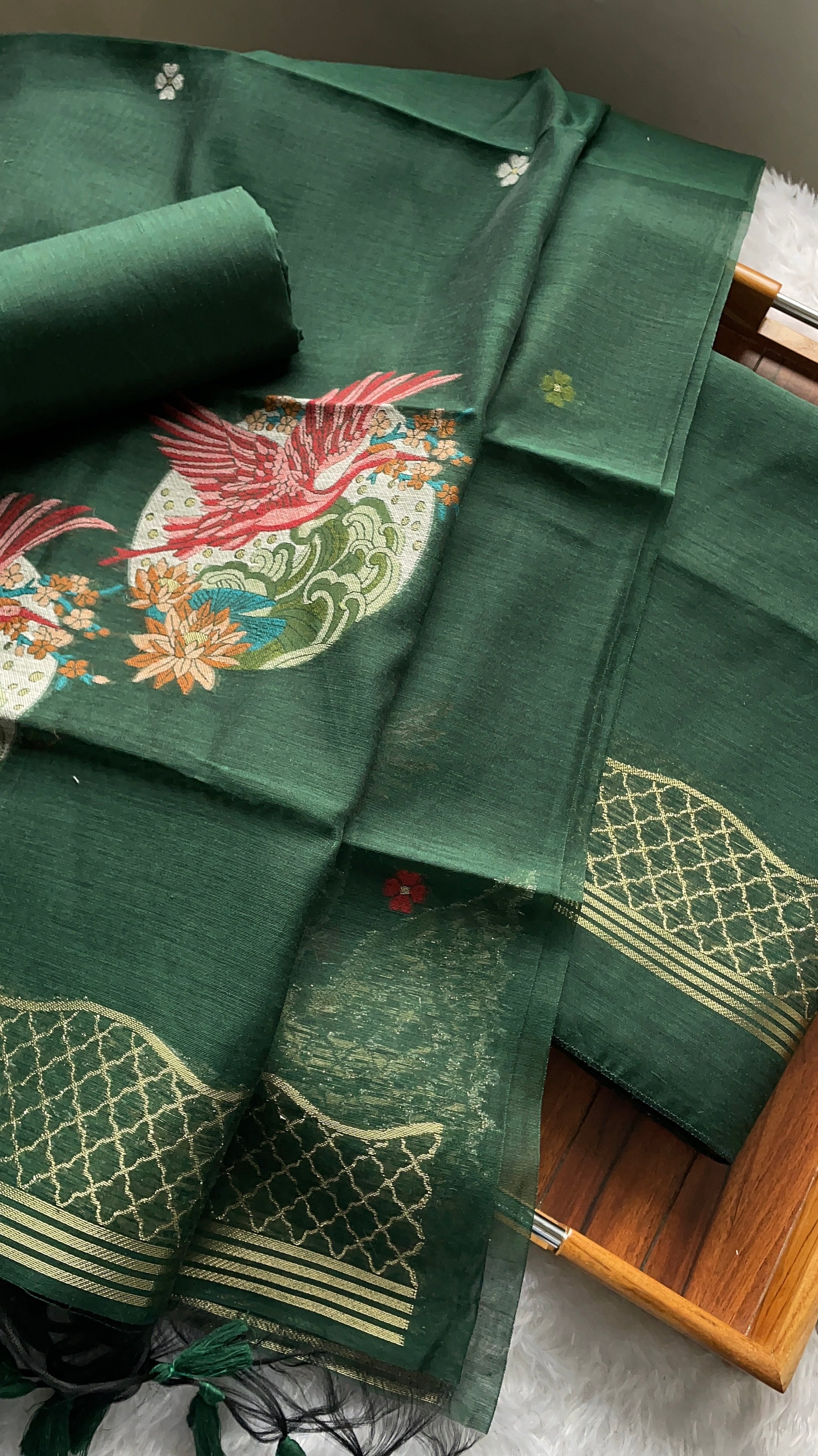 Minimal & Classy Dark Green Muga Cotton Unstitched Suit Set