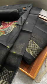 Minimal & Classy Black Muga Cotton Unstitched Suit Set