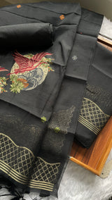 Minimal & Classy Black Muga Cotton Unstitched Suit Set