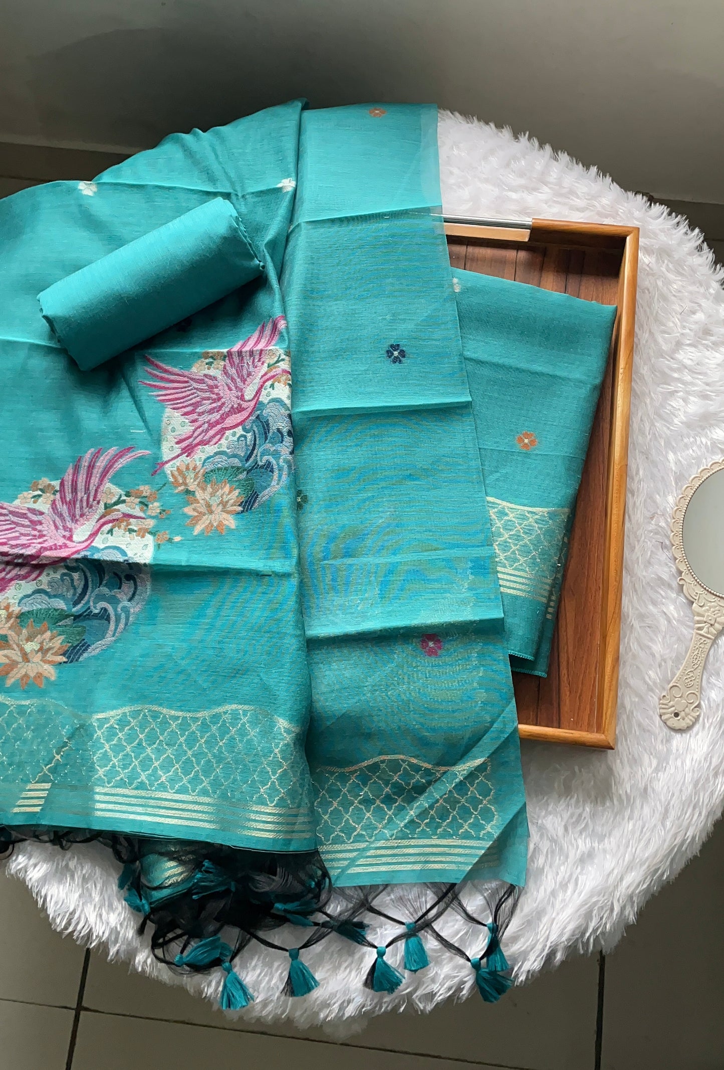 Minimal & Classy Teal Blue Muga Cotton Unstitched Suit Set