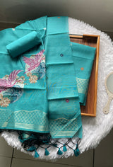 Minimal & Classy Teal Blue Muga Cotton Unstitched Suit Set