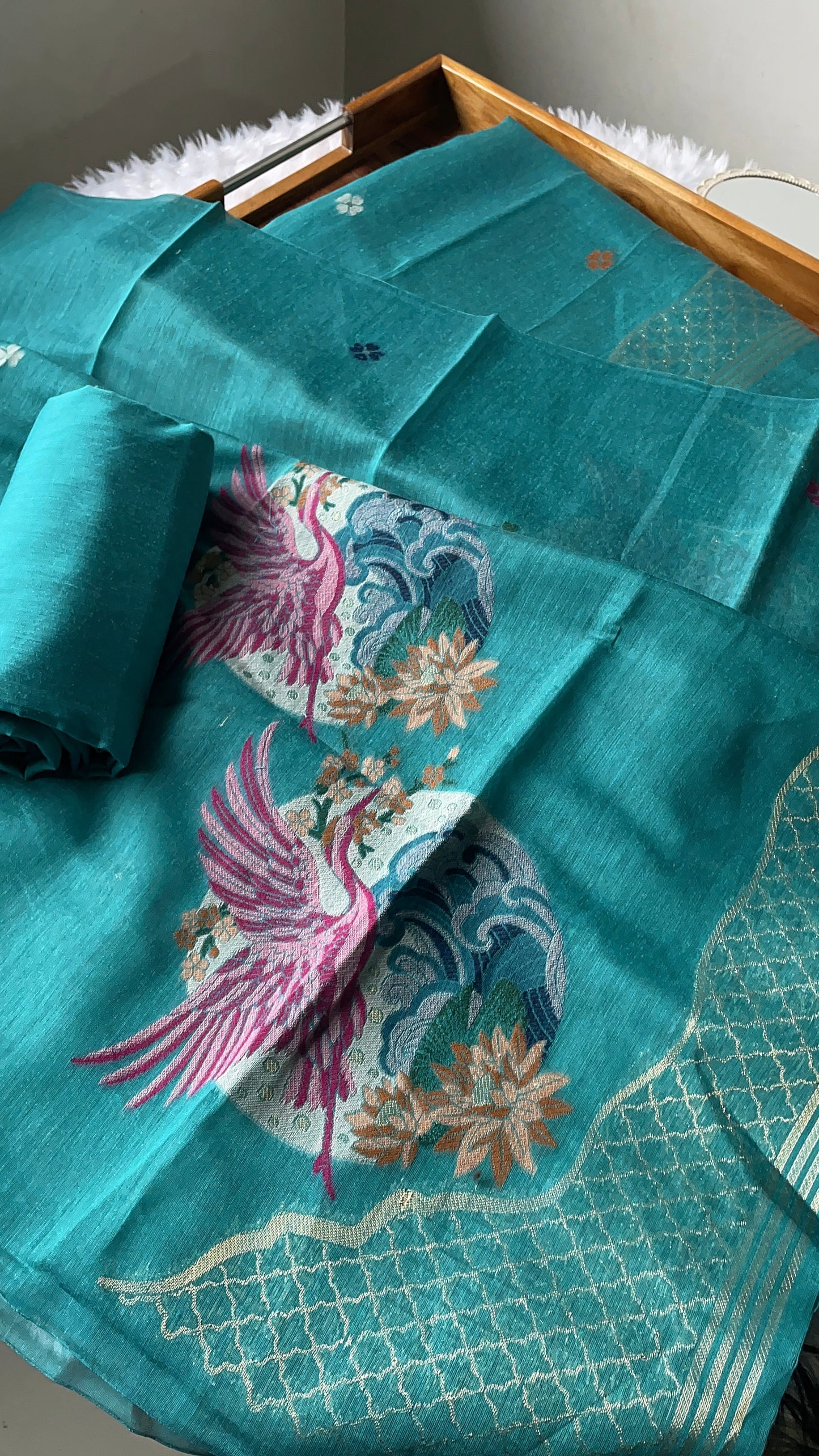 Minimal & Classy Teal Blue Muga Cotton Unstitched Suit Set