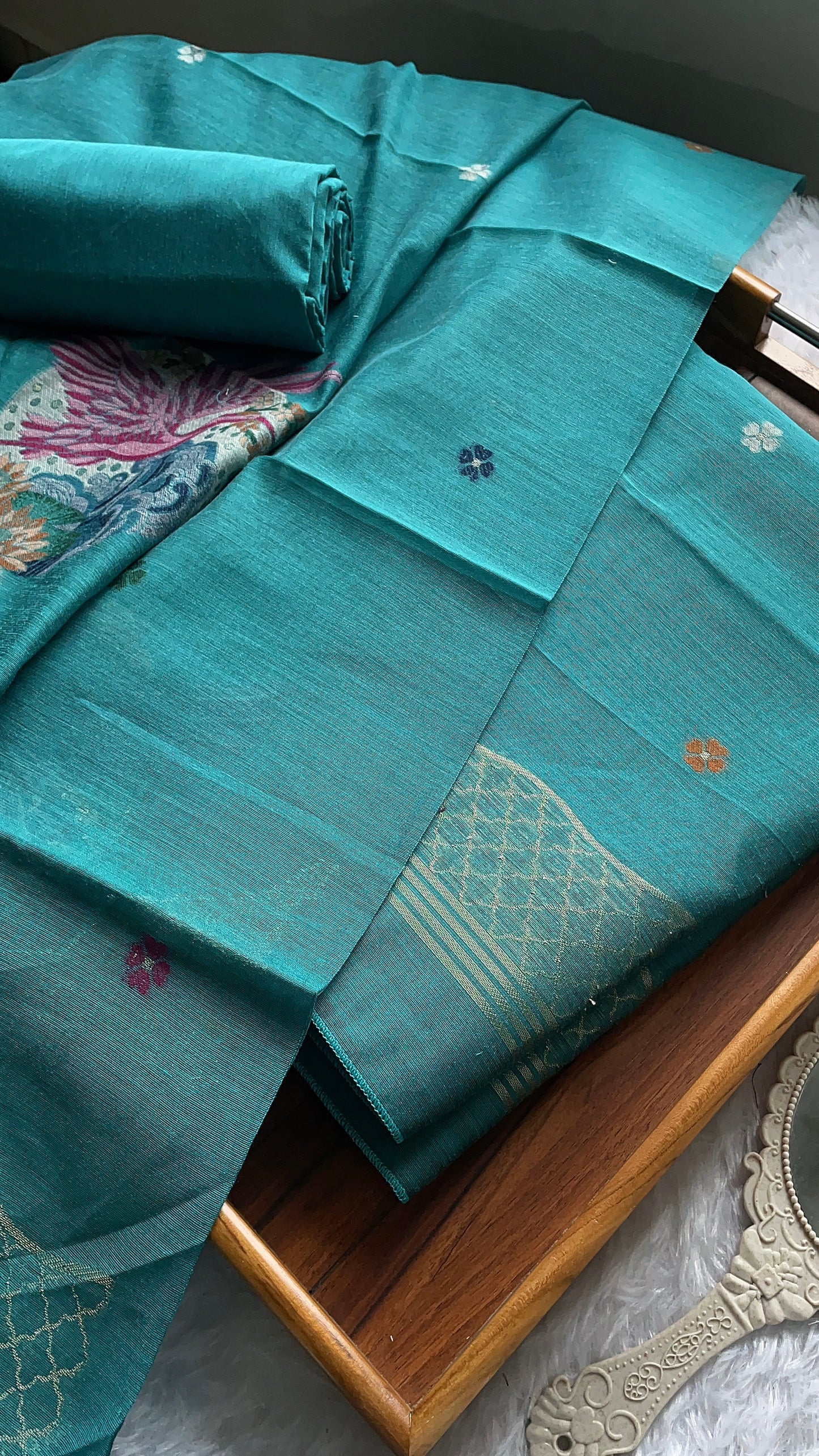 Minimal & Classy Teal Blue Muga Cotton Unstitched Suit Set