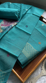 Minimal & Classy Teal Blue Muga Cotton Unstitched Suit Set