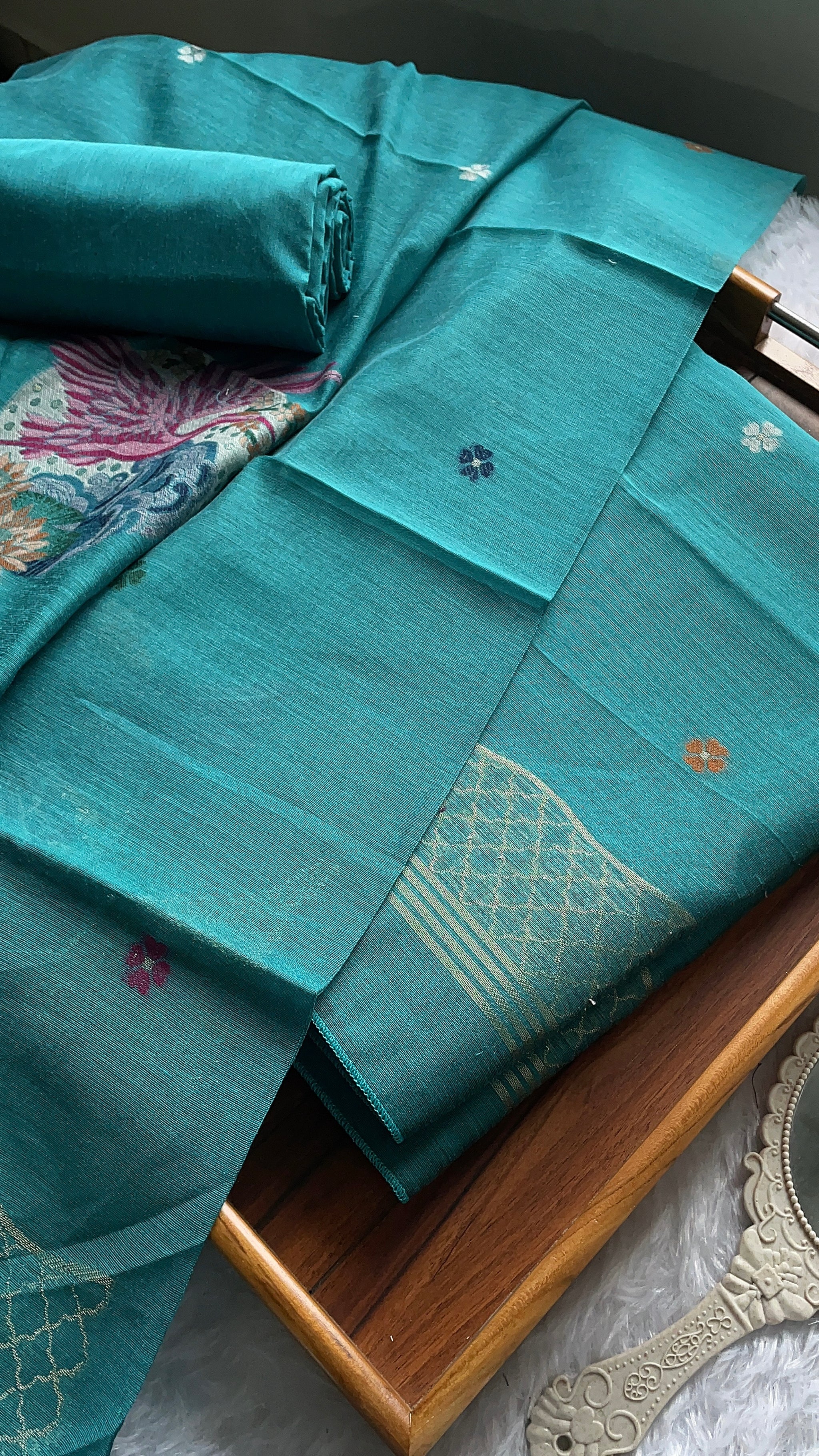 Minimal & Classy Teal Blue Muga Cotton Unstitched Suit Set