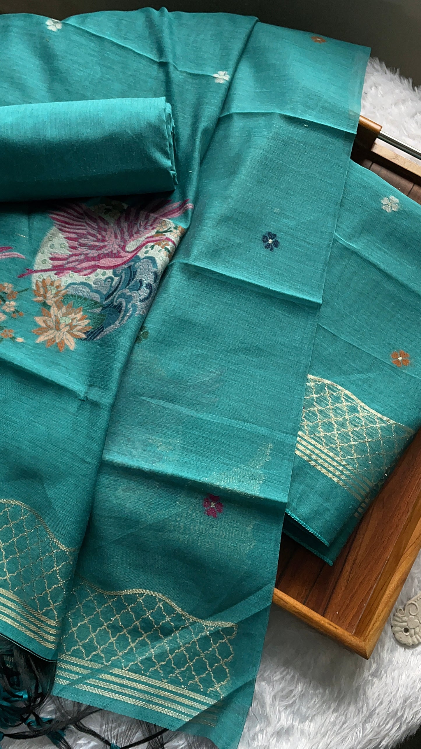 Minimal & Classy Teal Blue Muga Cotton Unstitched Suit Set