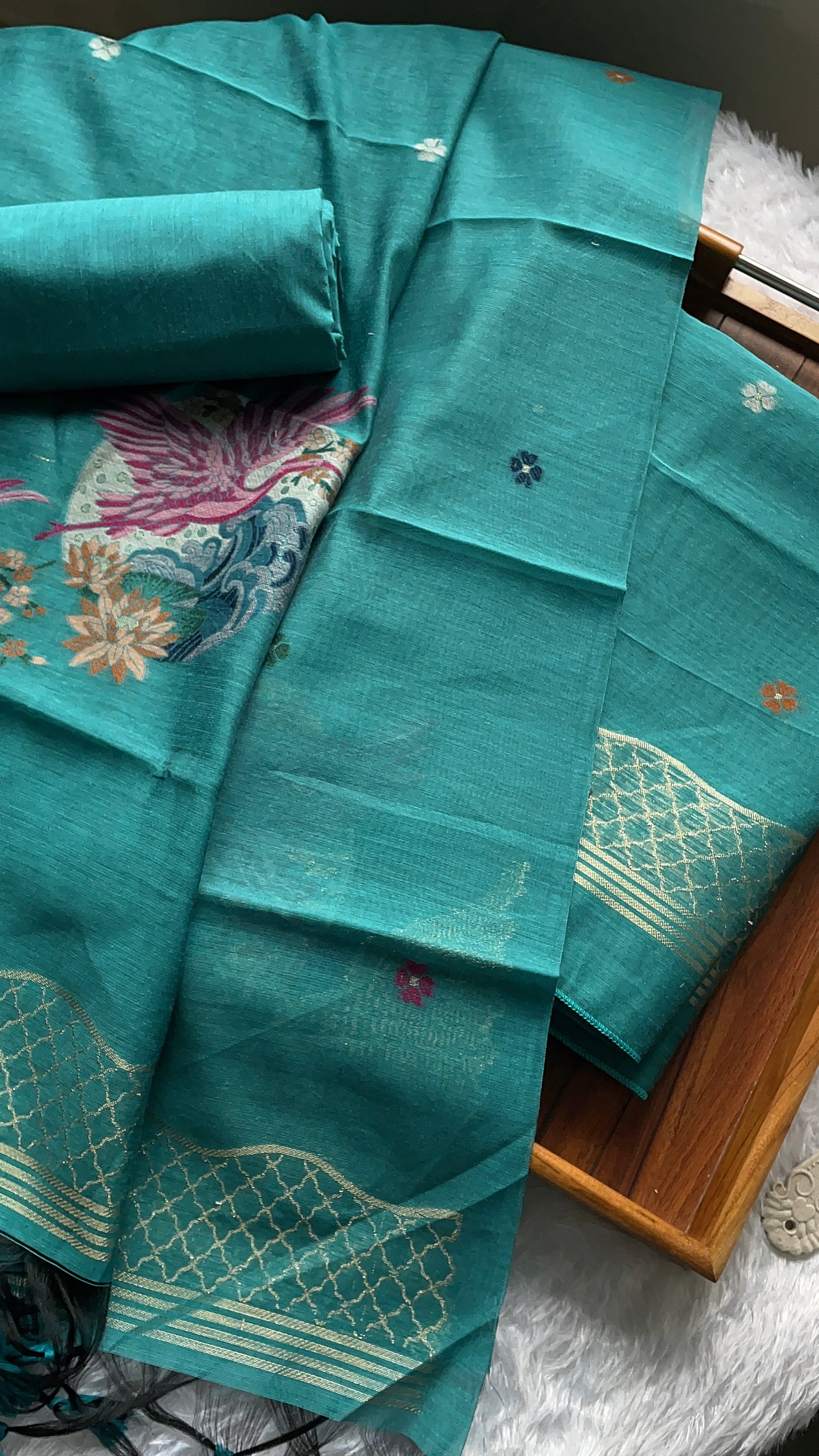 Minimal & Classy Teal Blue Muga Cotton Unstitched Suit Set