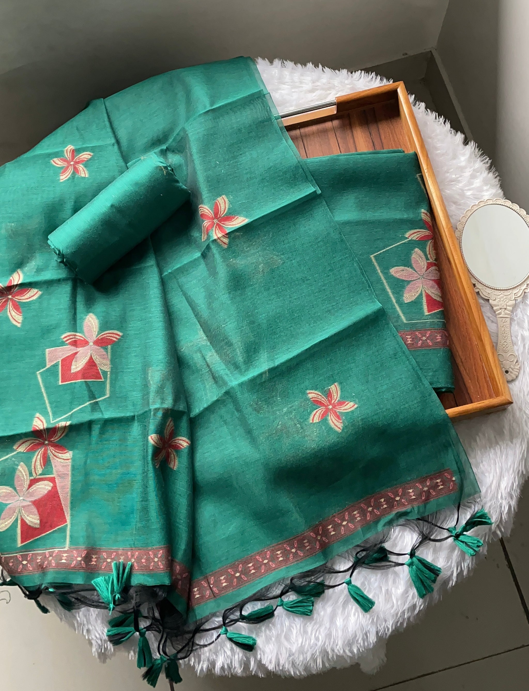 Grace Unfolded Teal Green Muga Cotton Unstitched Suit Set