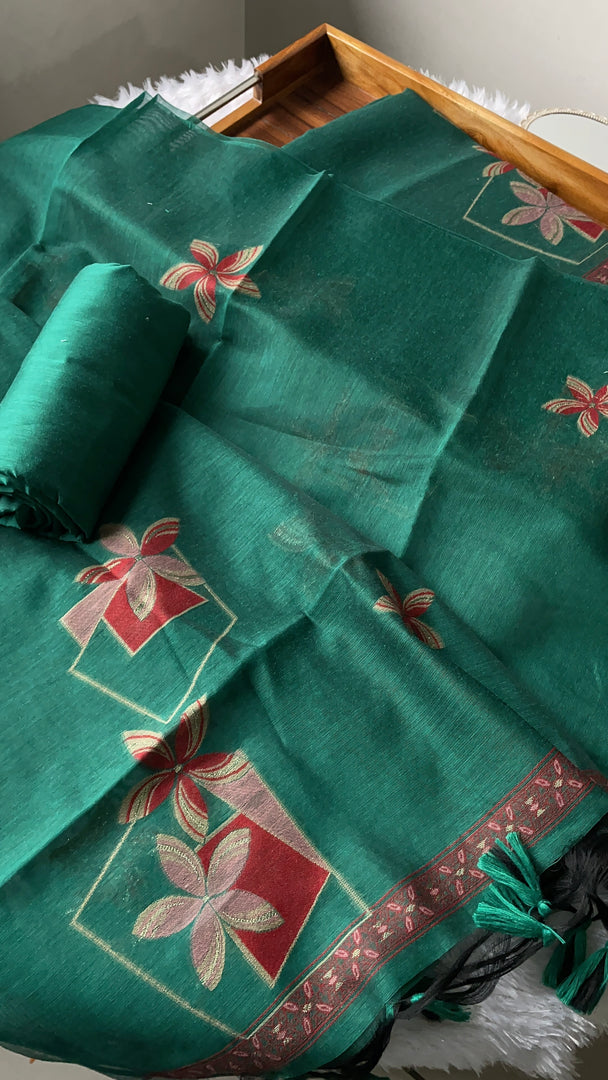 Grace Unfolded Teal Green Muga Cotton Unstitched Suit Set