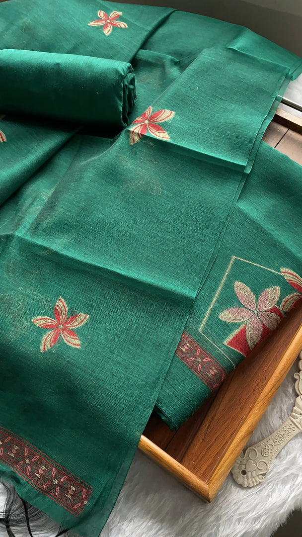 Grace Unfolded Teal Green Muga Cotton Unstitched Suit Set