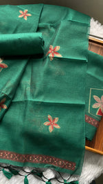 Load image into Gallery viewer, Grace Unfolded Teal Green Muga Cotton Unstitched Suit Set

