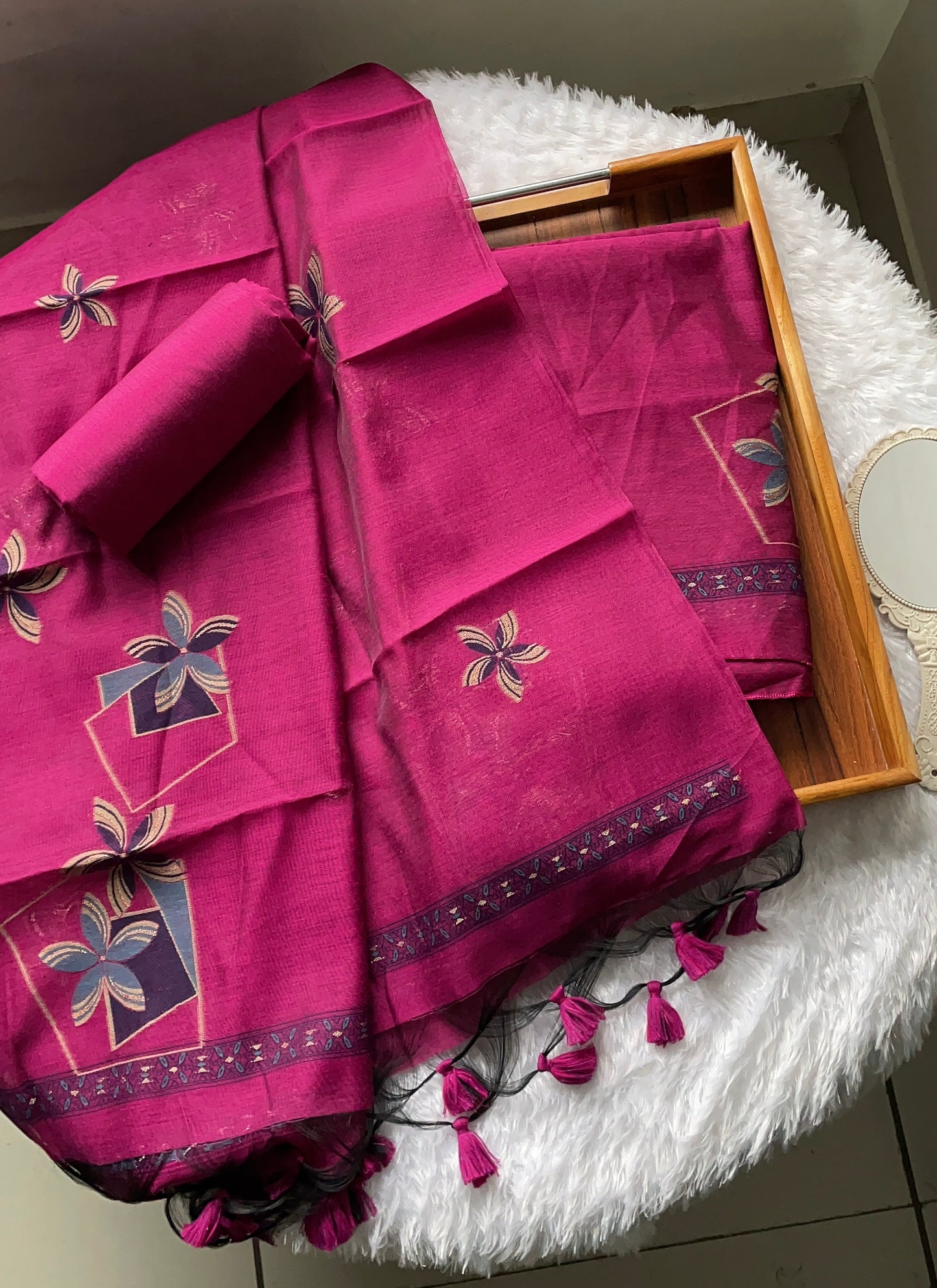 Grace Unfolded Rani Pink Muga Cotton Unstitched Suit Set