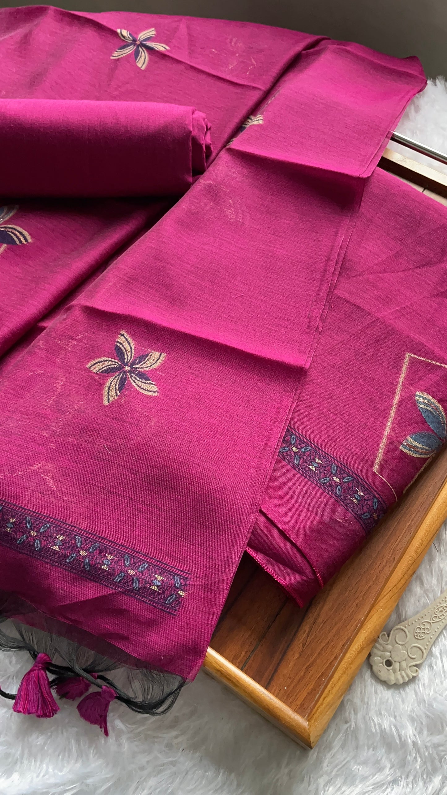 Grace Unfolded Rani Pink Muga Cotton Unstitched Suit Set