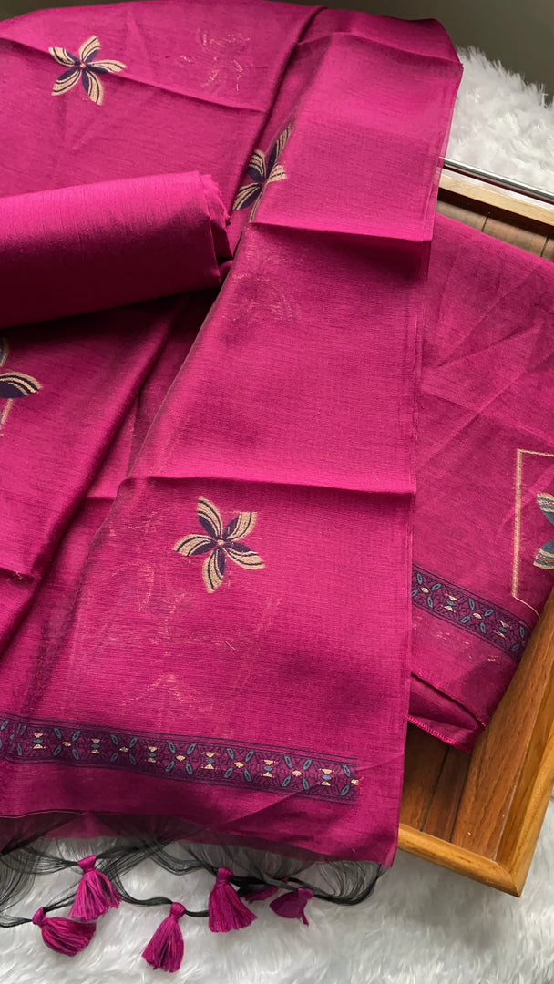 Grace Unfolded Rani Pink Muga Cotton Unstitched Suit Set