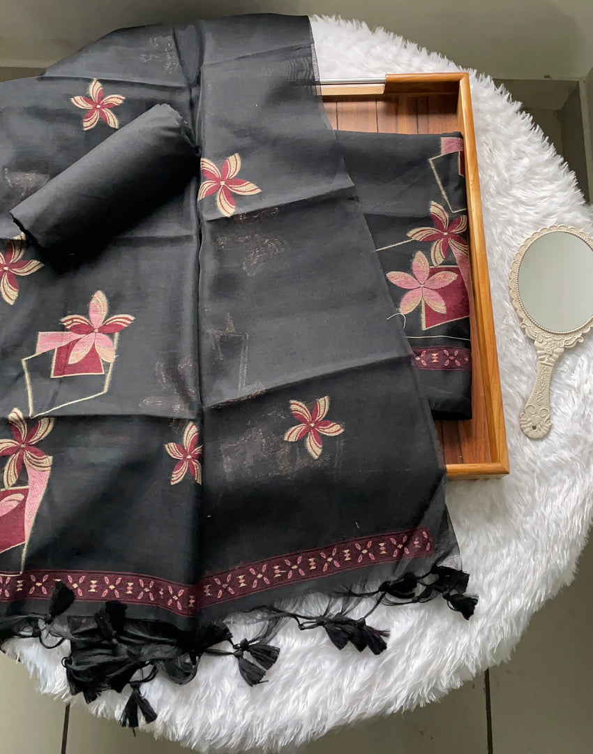 Grace Unfolded Black Muga Cotton Unstitched Suit Set