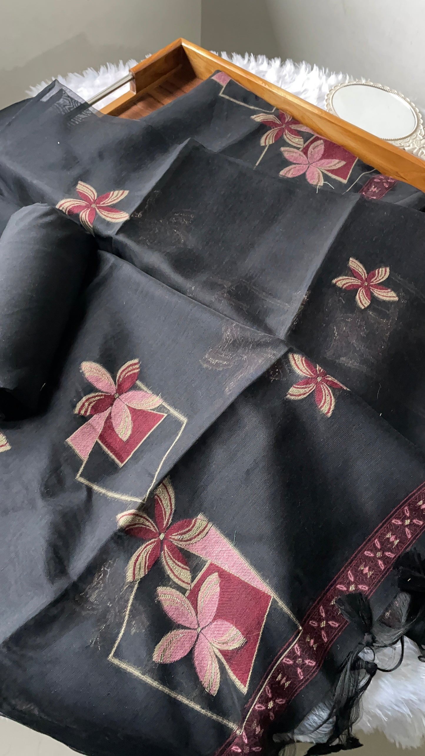 Grace Unfolded Black Muga Cotton Unstitched Suit Set