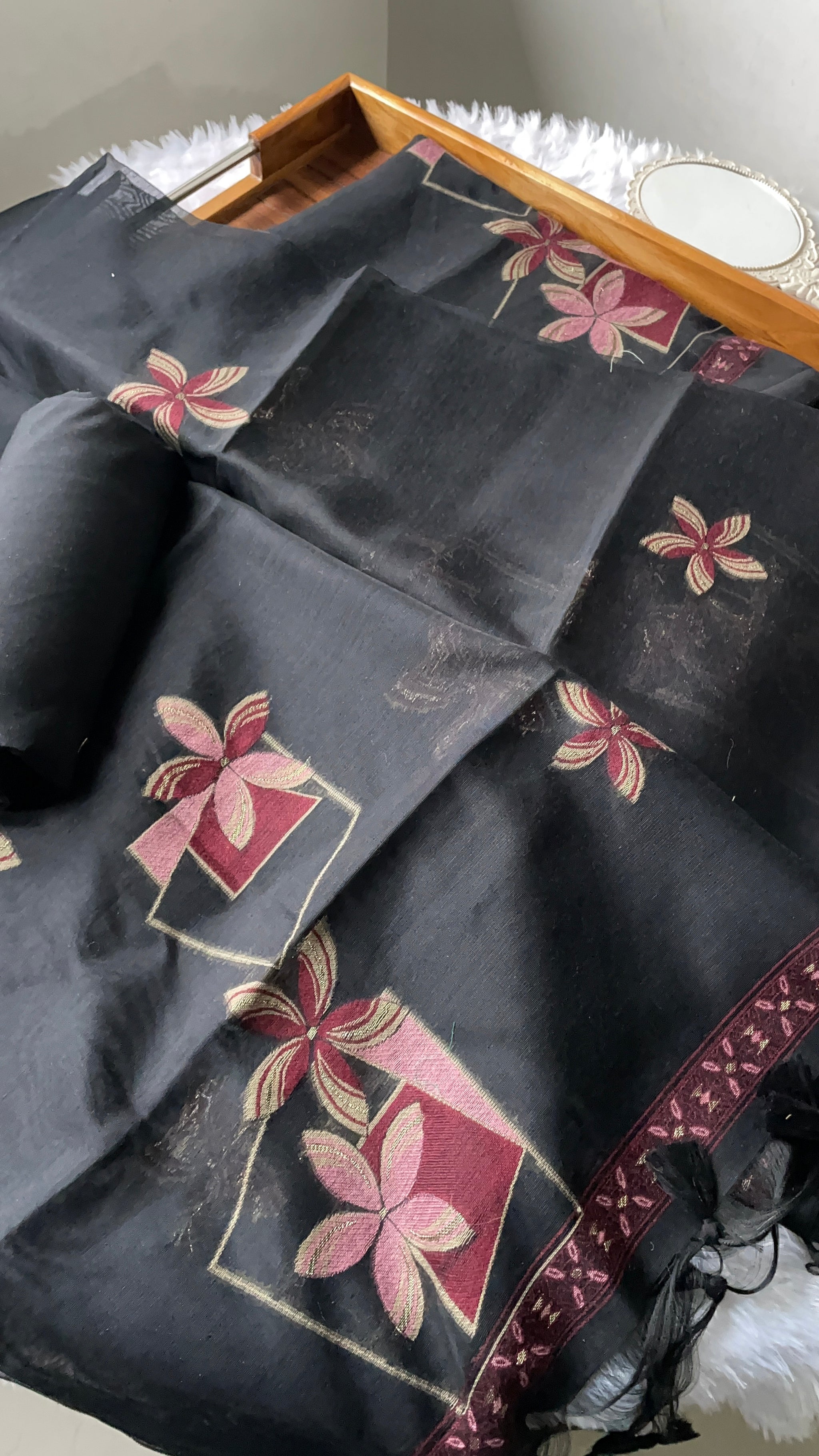 Grace Unfolded Black Muga Cotton Unstitched Suit Set