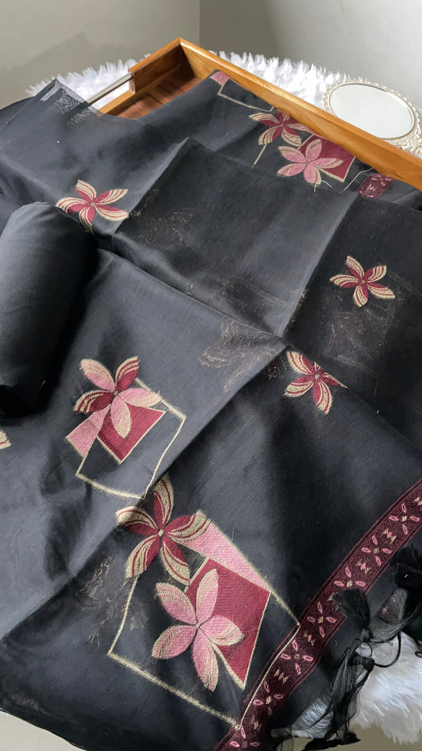 Grace Unfolded Black Muga Cotton Unstitched Suit Set