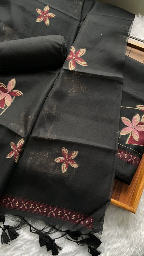Grace Unfolded Black Muga Cotton Unstitched Suit Set