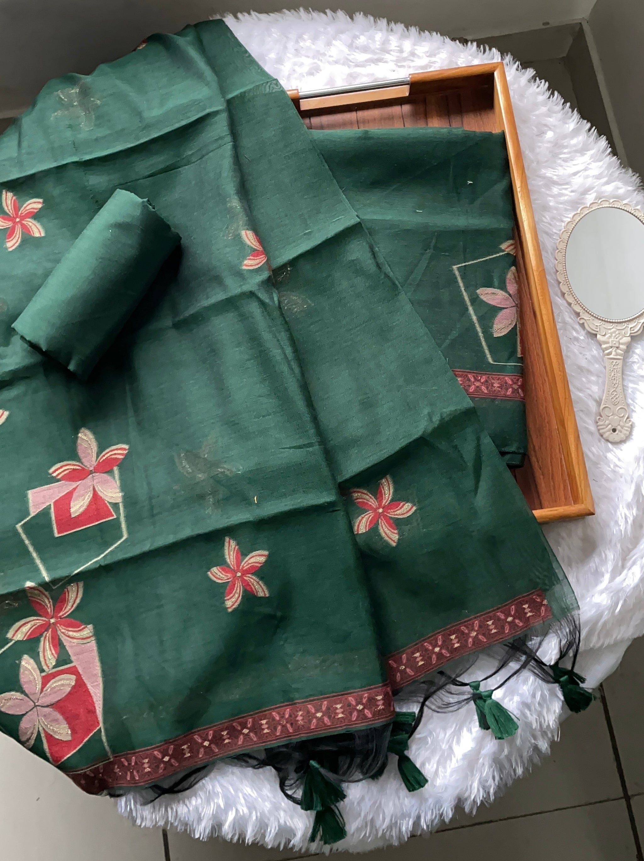 Grace Unfolded Dark Green Muga Cotton Unstitched Suit Set