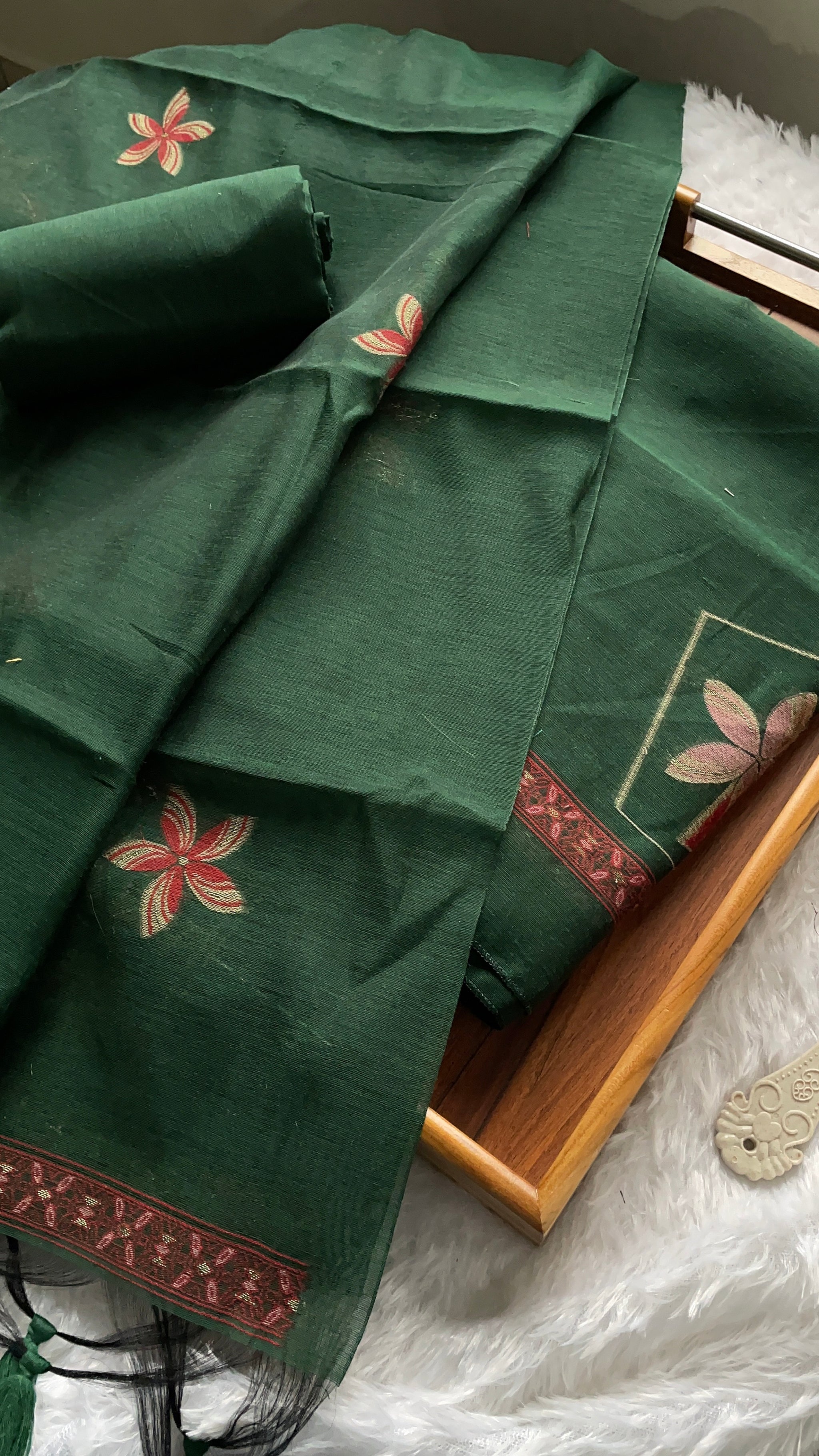 Grace Unfolded Dark Green Muga Cotton Unstitched Suit Set