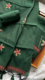 Load image into Gallery viewer, Grace Unfolded Dark Green Muga Cotton Unstitched Suit Set

