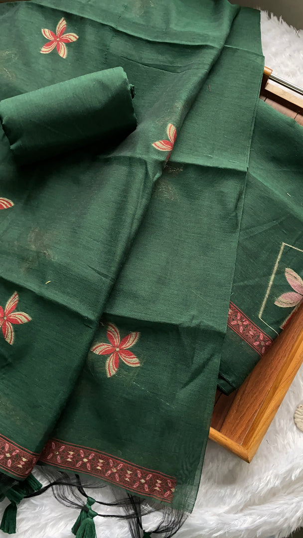 Grace Unfolded Dark Green Muga Cotton Unstitched Suit Set