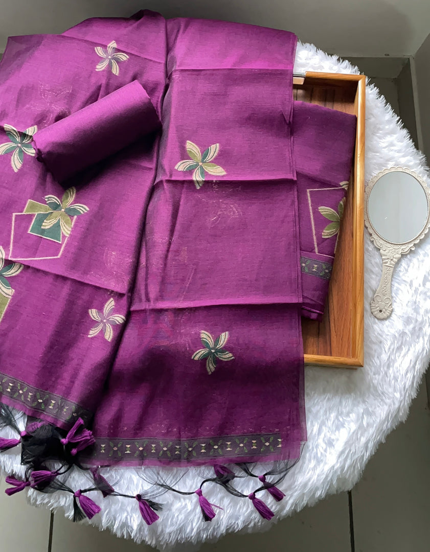 Grace Unfolded Wine Muga Cotton Unstitched Suit Set