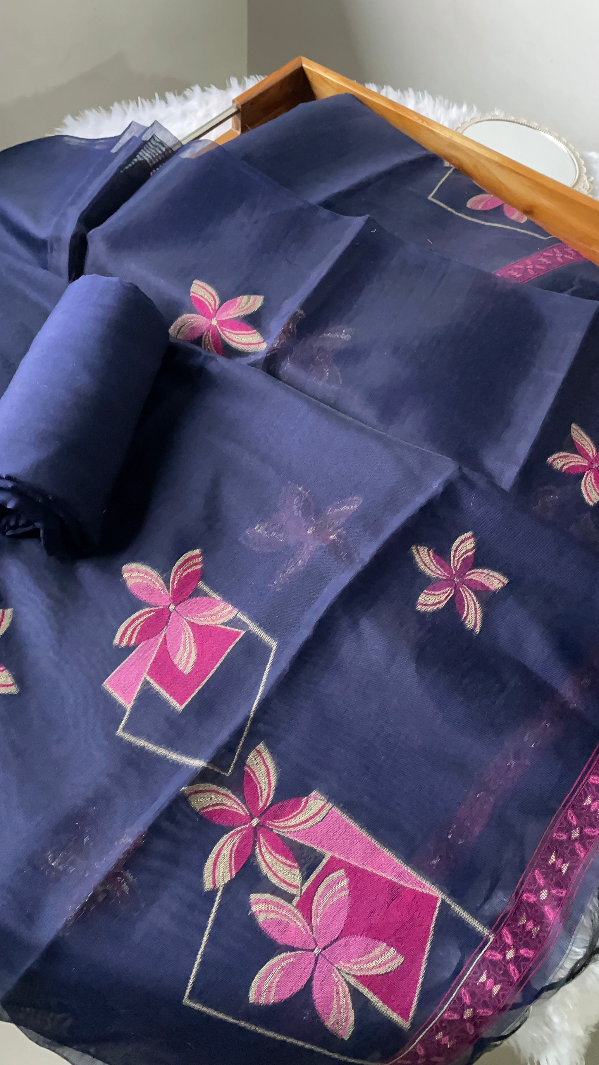 Grace Unfolded Navy Muga Cotton Unstitched Suit Set