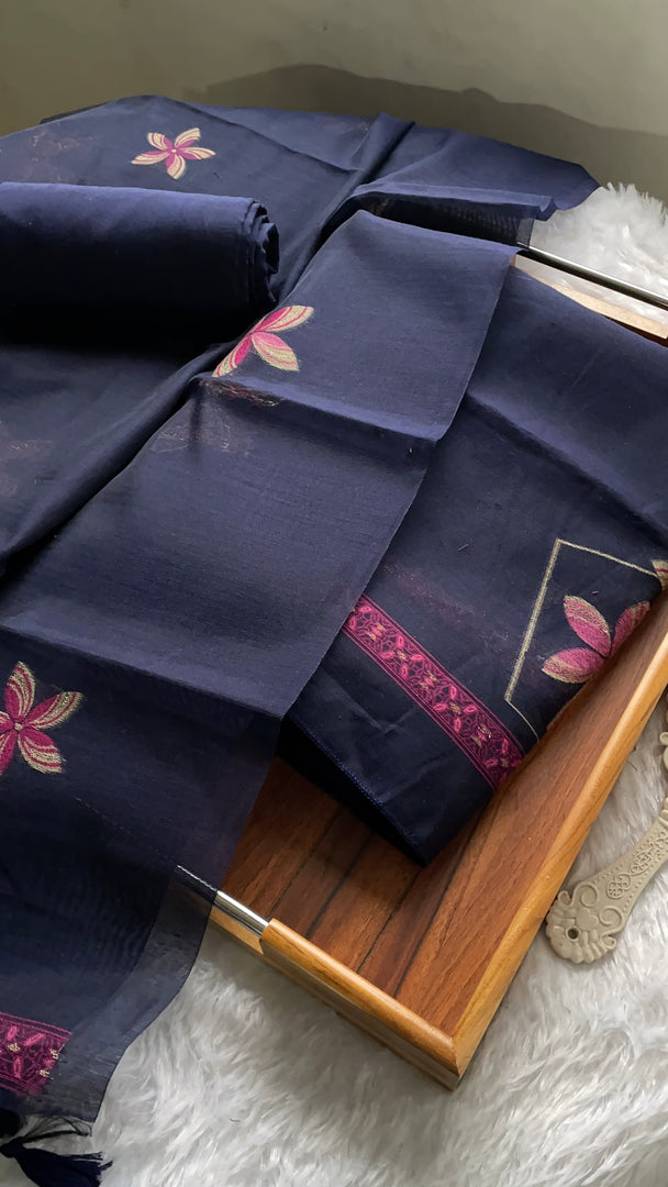 Grace Unfolded Navy Muga Cotton Unstitched Suit Set