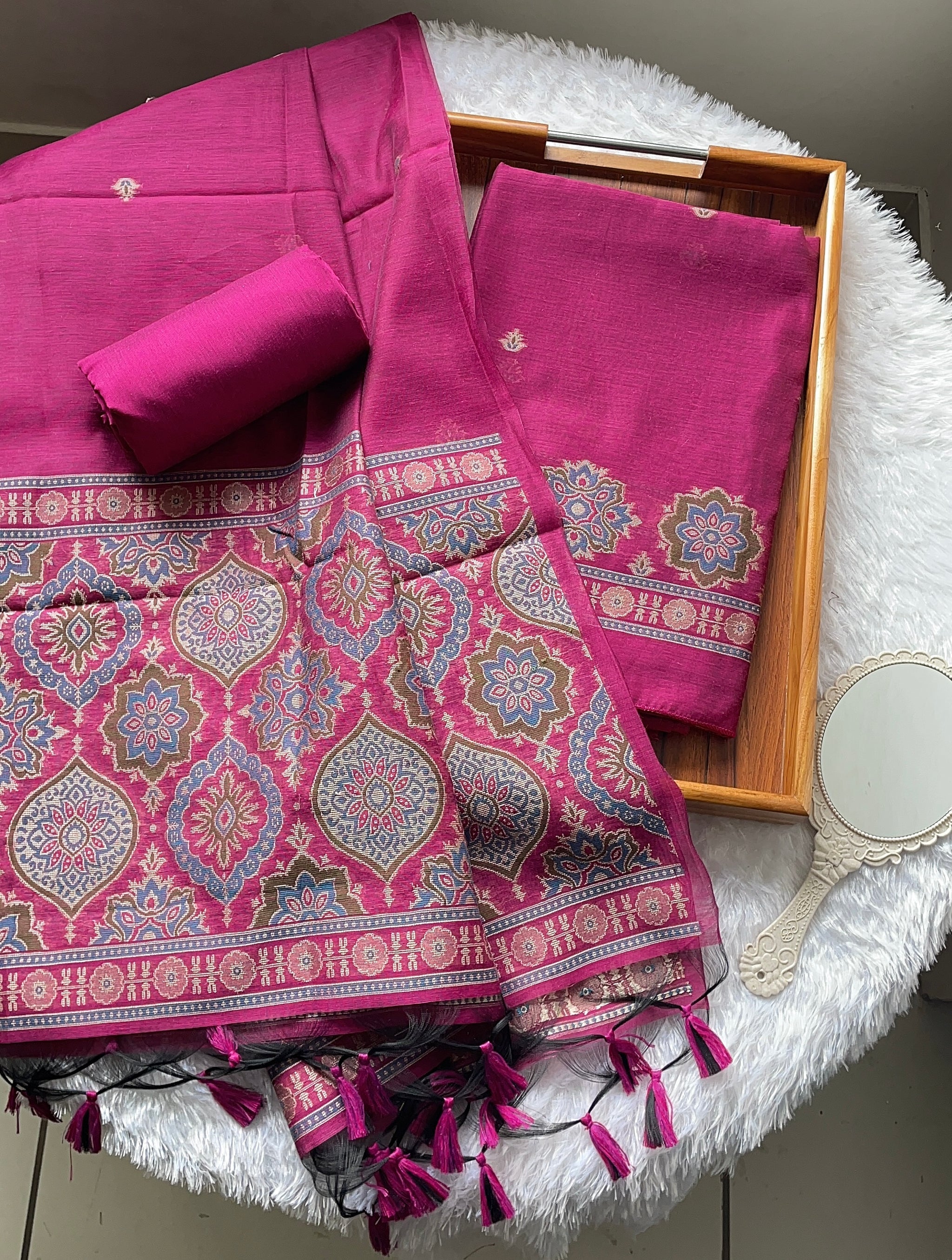 Raw & Radiant Rani Pink Ajrakh Muga Cotton Unstitched Suit Set