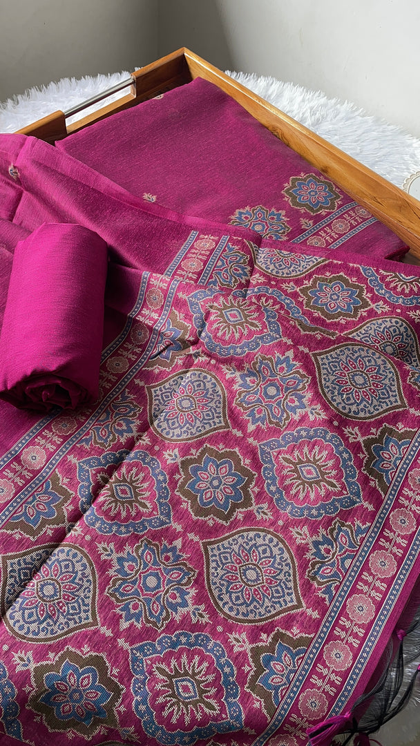 Raw & Radiant Rani Pink Ajrakh Muga Cotton Unstitched Suit Set