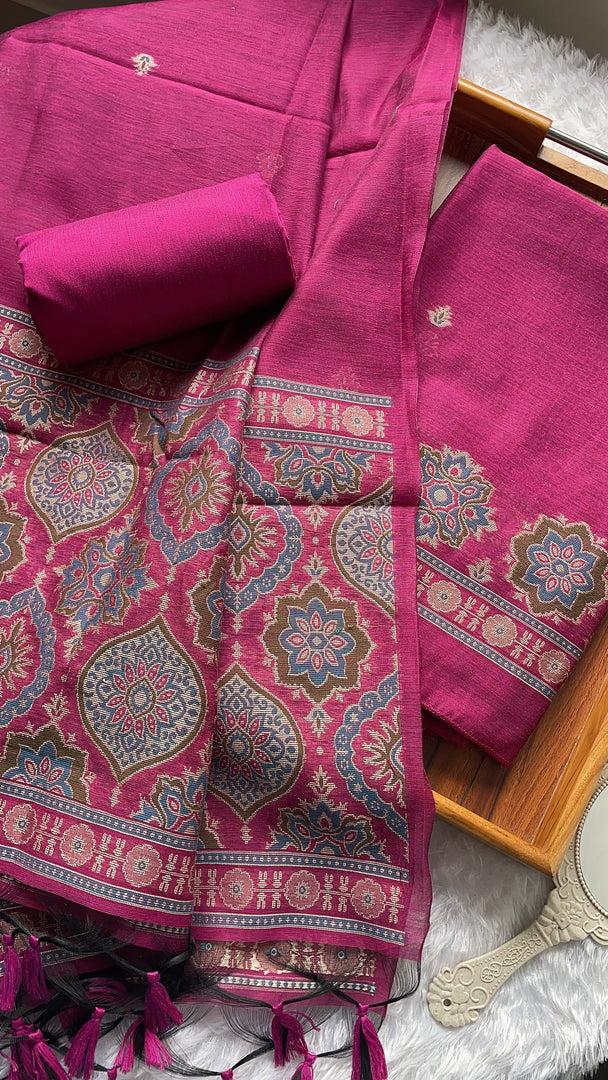 Raw & Radiant Rani Pink Ajrakh Muga Cotton Unstitched Suit Set