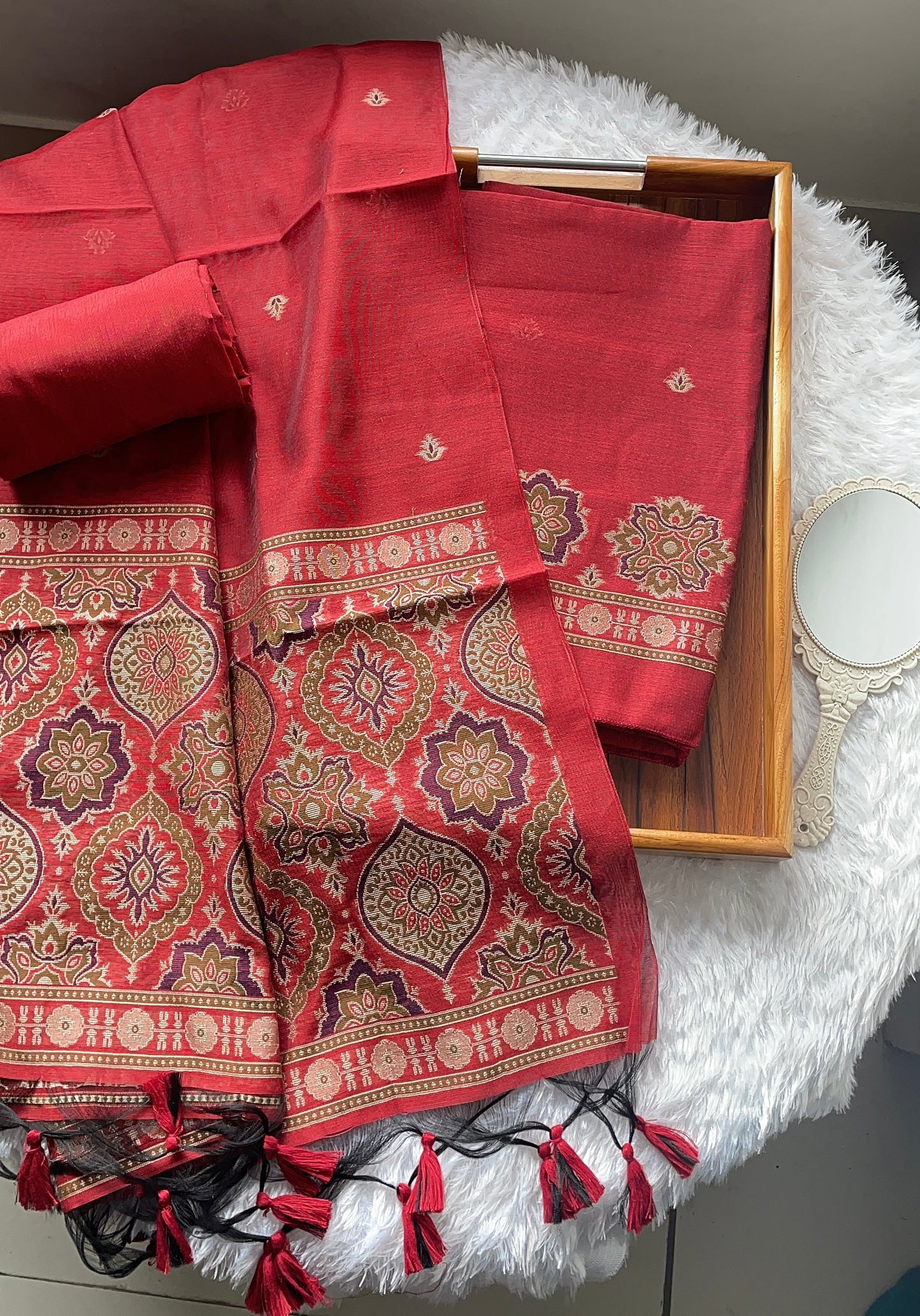 Raw & Radiant Red Ajrakh Muga Cotton Unstitched Suit Set