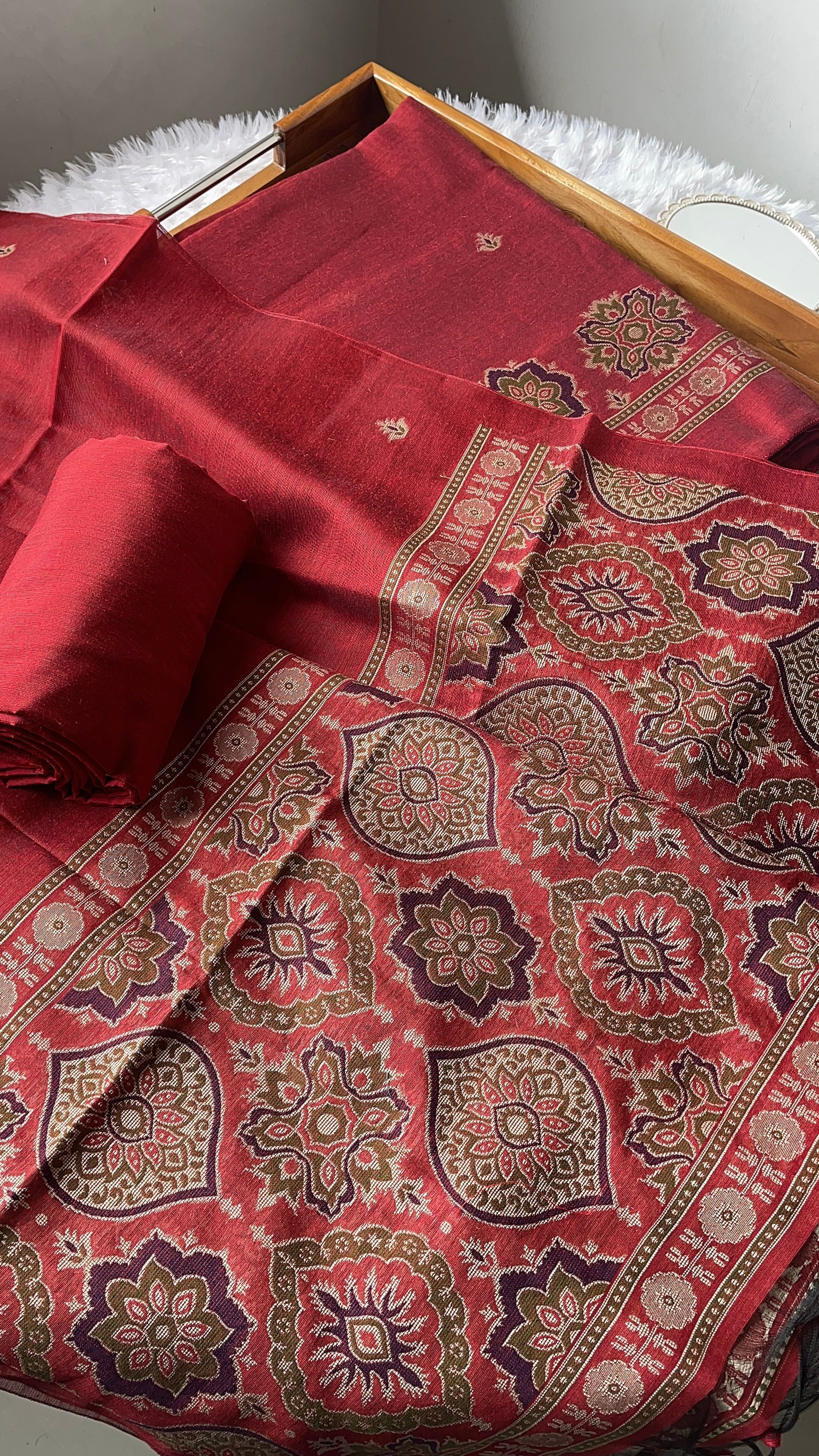 Raw & Radiant Red Ajrakh Muga Cotton Unstitched Suit Set