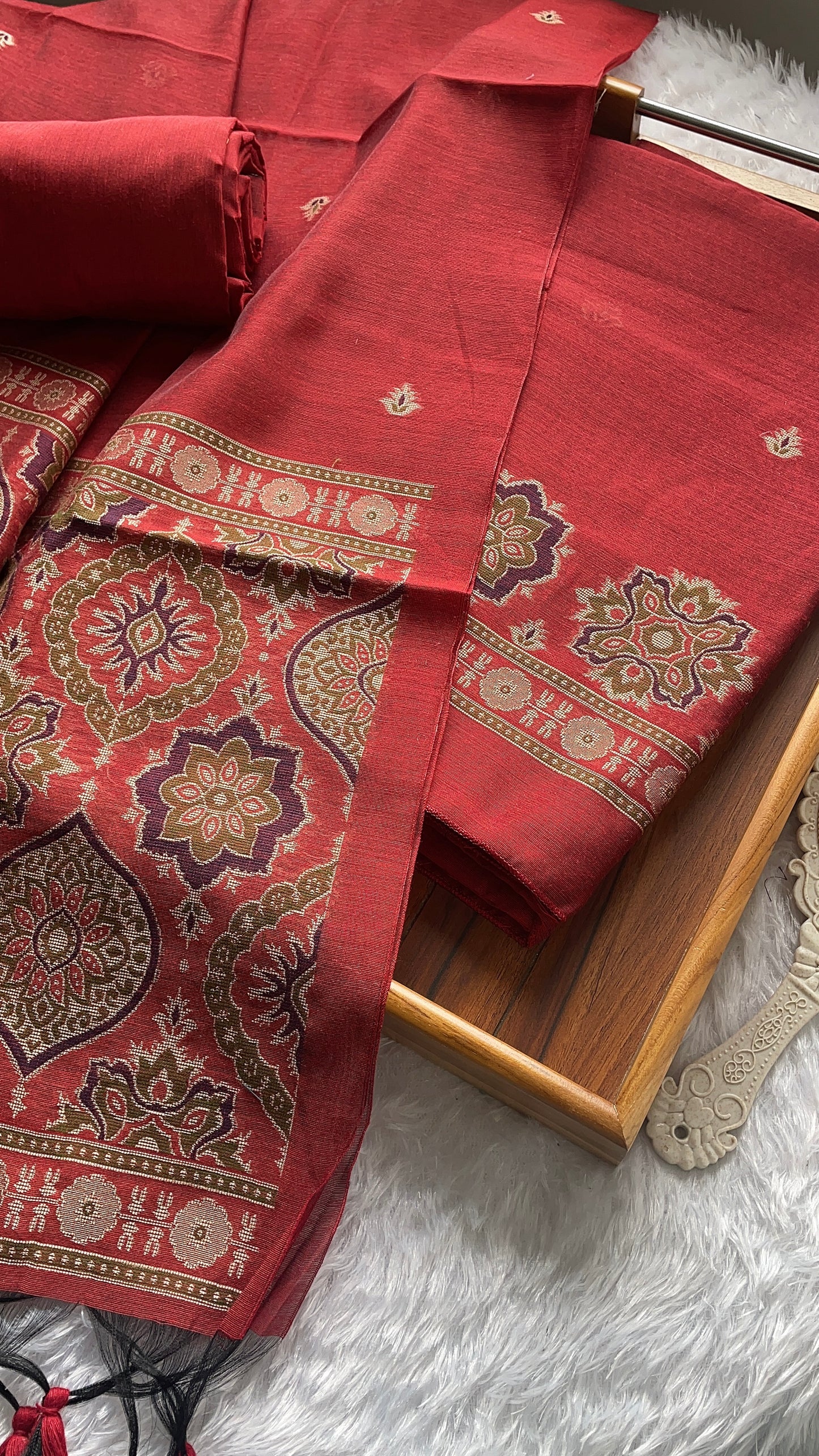 Raw & Radiant Red Ajrakh Muga Cotton Unstitched Suit Set